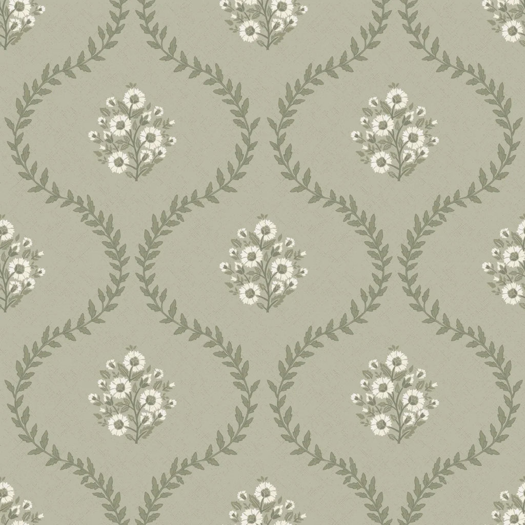 Posy Trellis Wallpaper in Cream on Organic Green