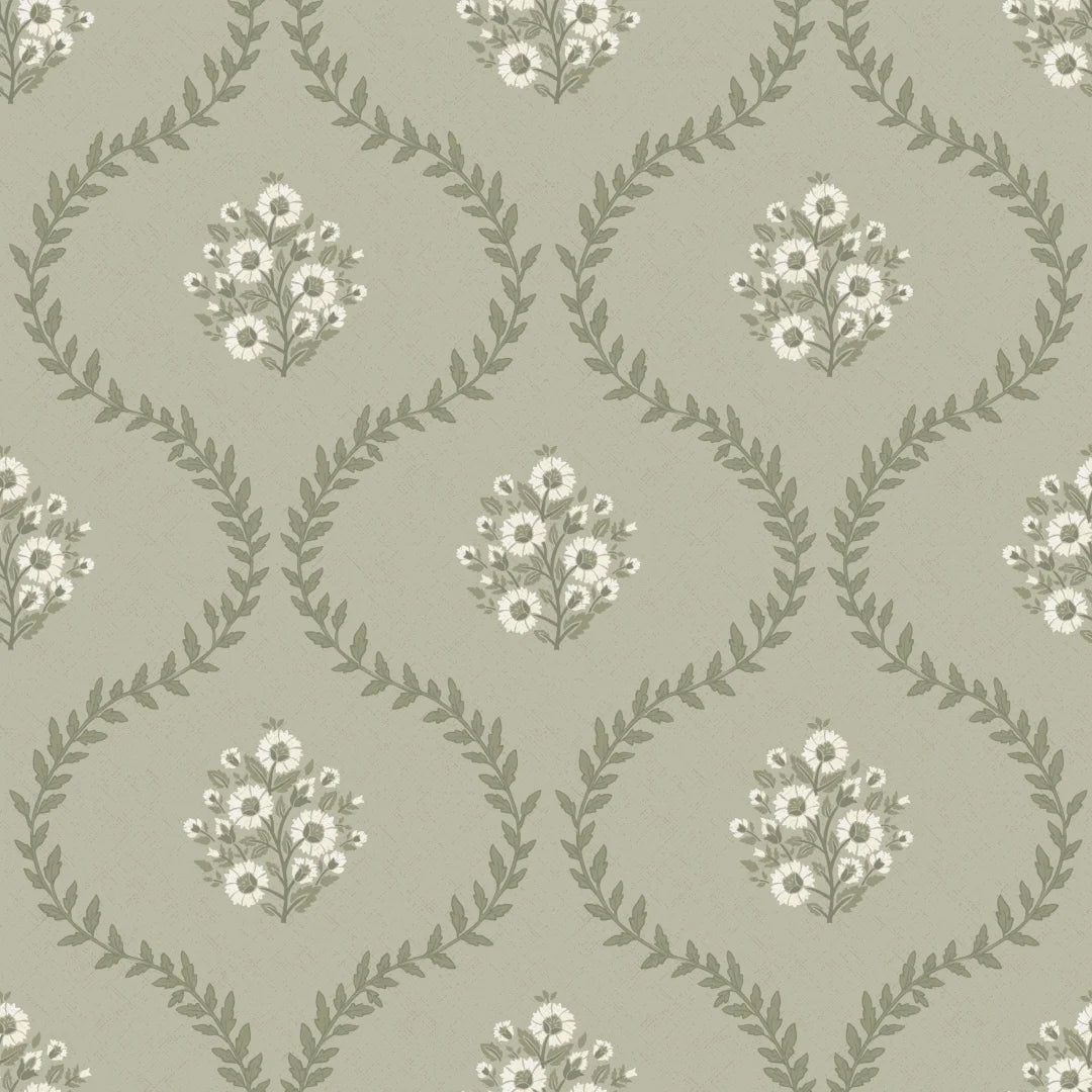 Posy Trellis Wallpaper in Cream on Organic Green