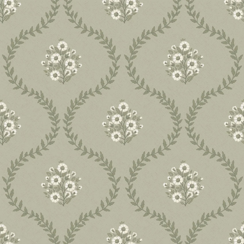 Posy Trellis Wallpaper in Cream on Organic Green