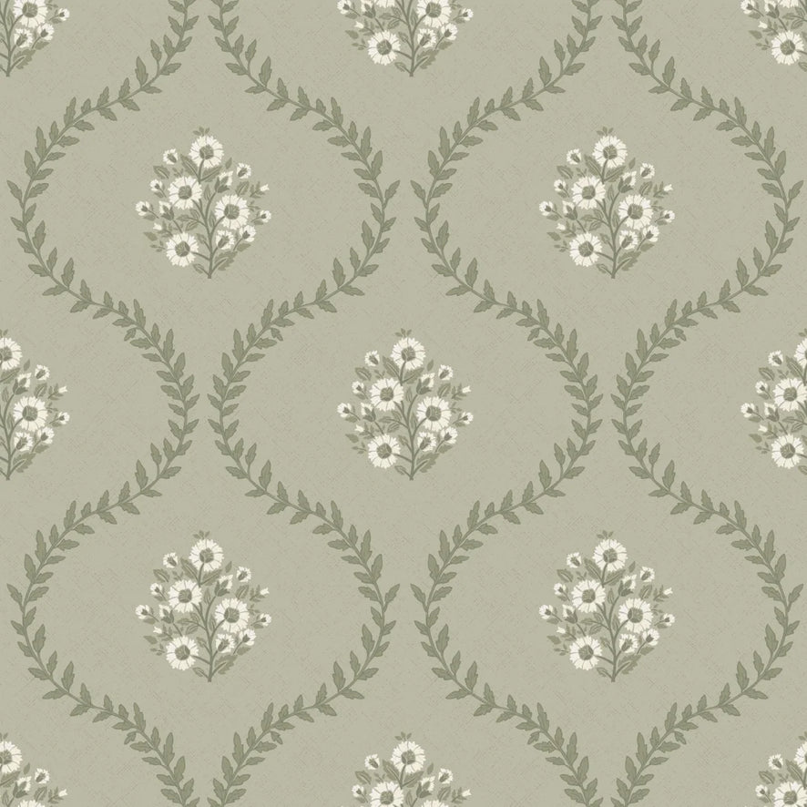 Posy Trellis Wallpaper in Cream on Organic Green