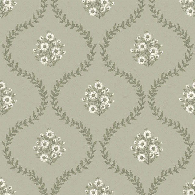 Posy Trellis Wallpaper in Cream on Organic Green