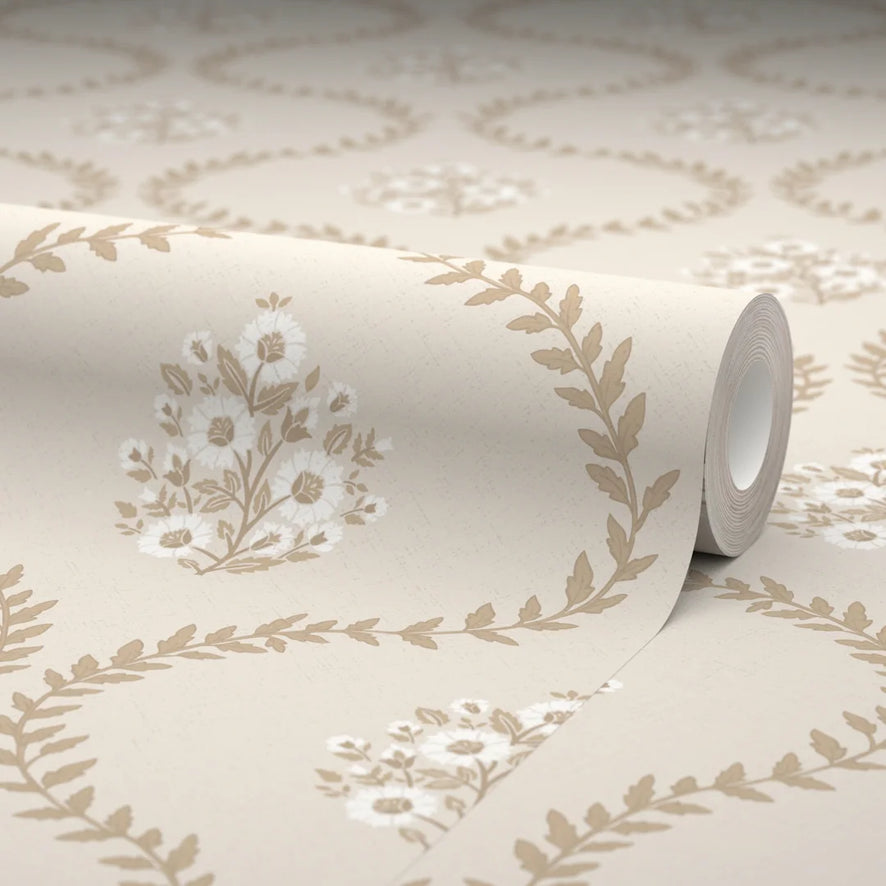 Posy Trellis Wallpaper in Taupe on Cream