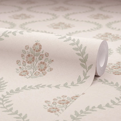 Posy Trellis Wallpaper in Vintage Pink and Sage