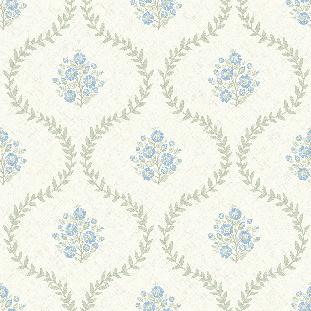 Sample of Posy Trellis Wallpaper in Blue and Sage on Cream