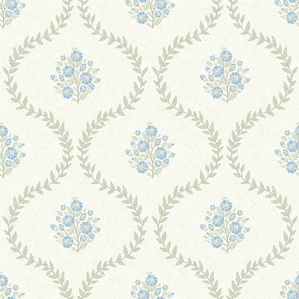 Posy Trellis Wallpaper in Blue and Sage on Cream