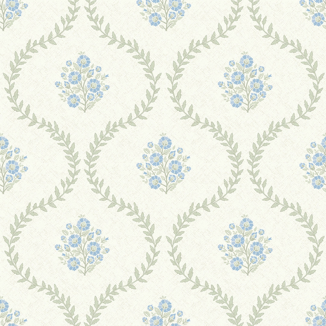 Posy Trellis Wallpaper in Blue and Sage on Cream