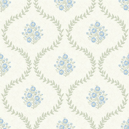 Posy Trellis Wallpaper in Blue and Sage on Cream