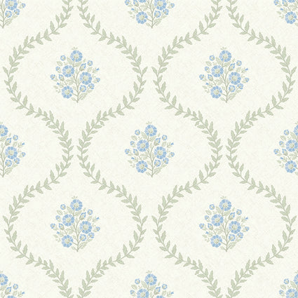 Posy Trellis Wallpaper in Blue and Sage on Cream