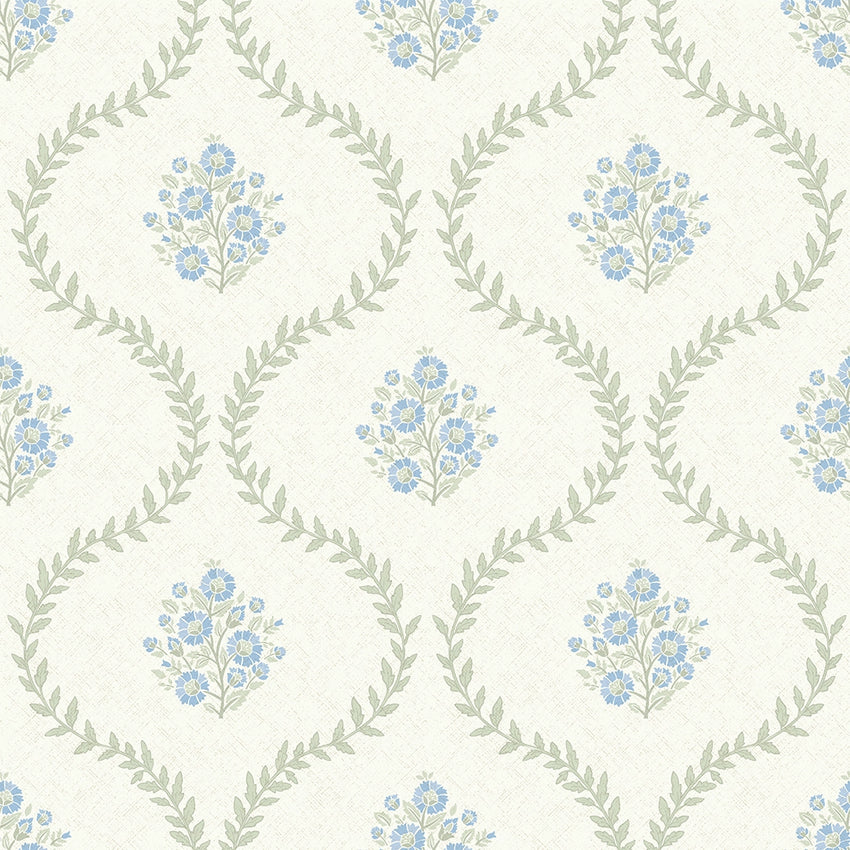 Posy Trellis Wallpaper in Blue and Sage on Cream