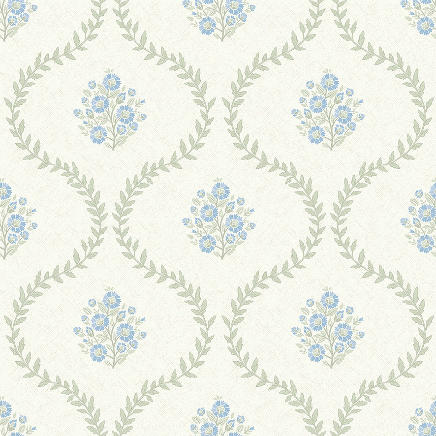 Posy Trellis Wallpaper in Blue and Sage on Cream