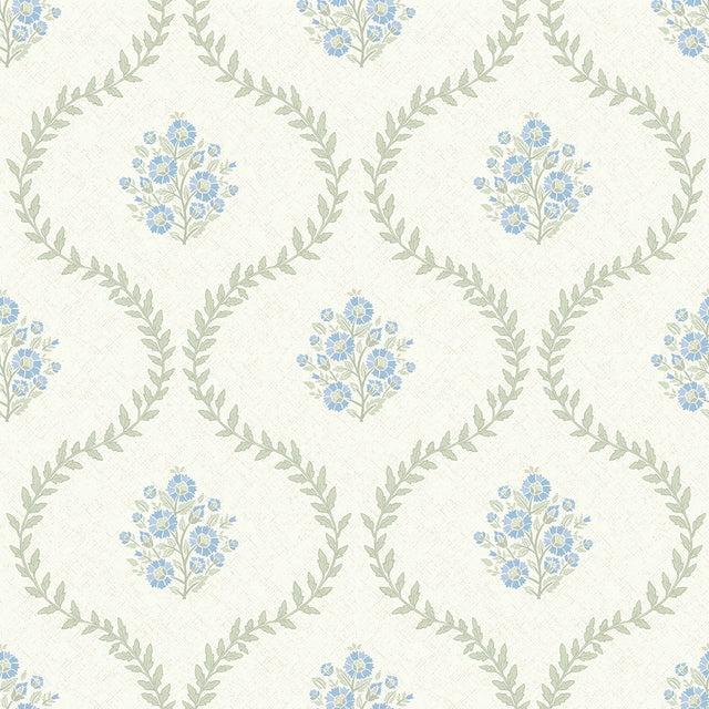 Posy Trellis Wallpaper in Blue and Sage on Cream