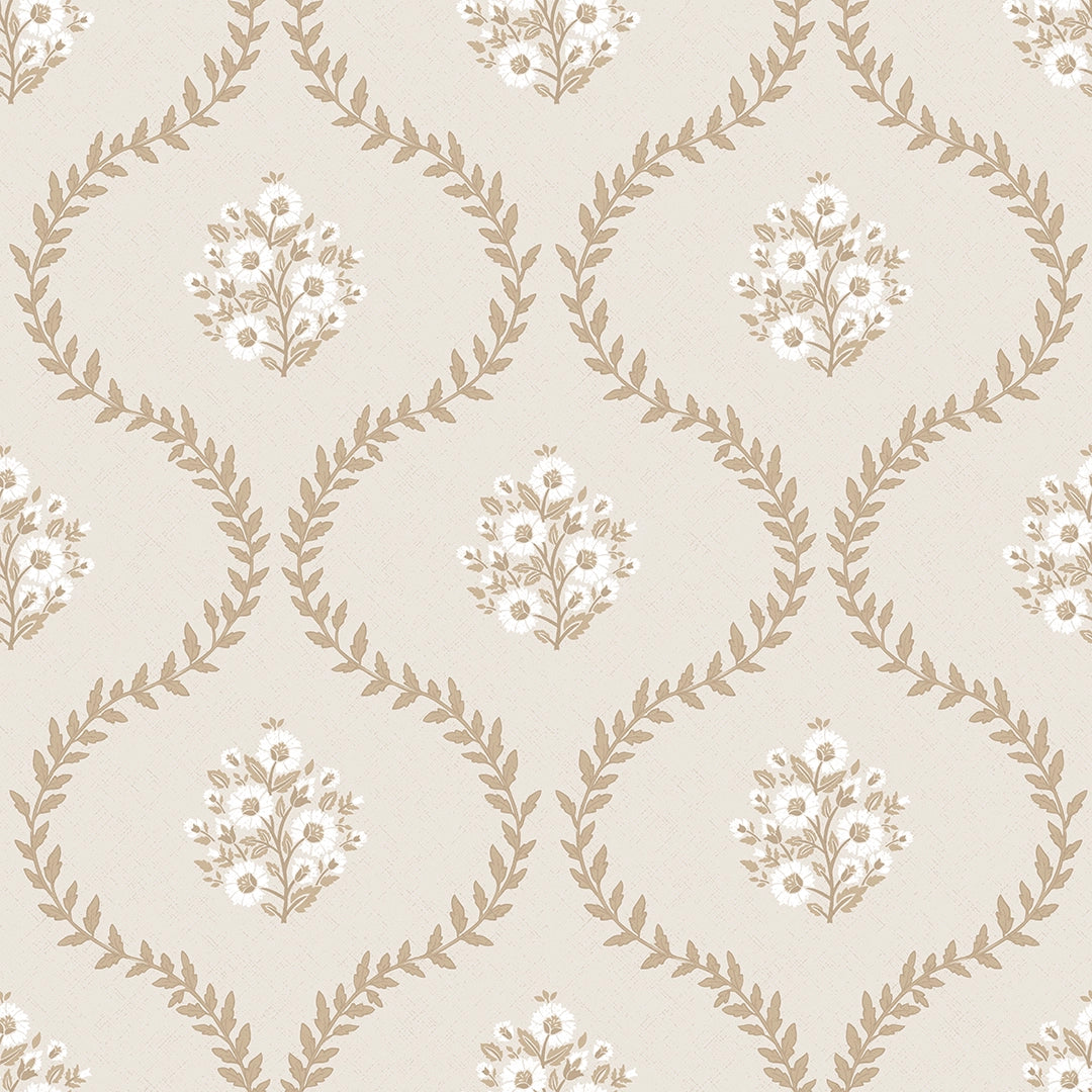 Posy Trellis Wallpaper in Taupe on Cream