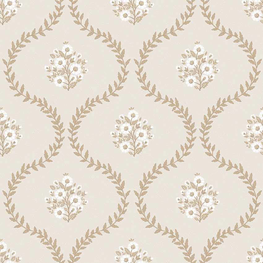 Posy Trellis Wallpaper in Taupe on Cream