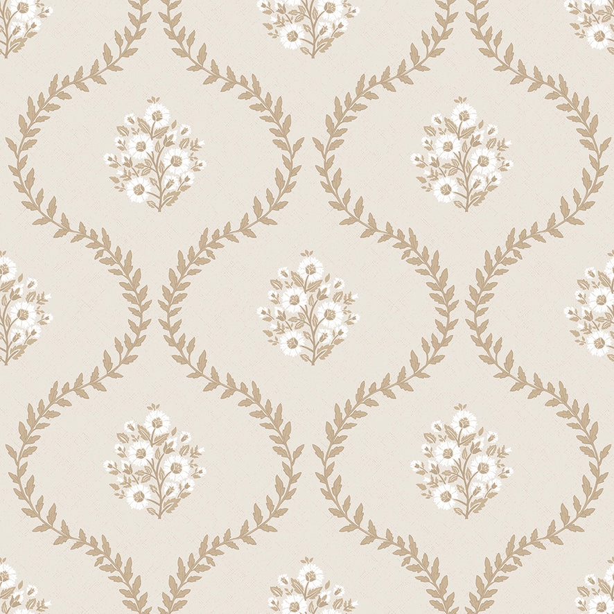 Posy Trellis Wallpaper in Taupe on Cream