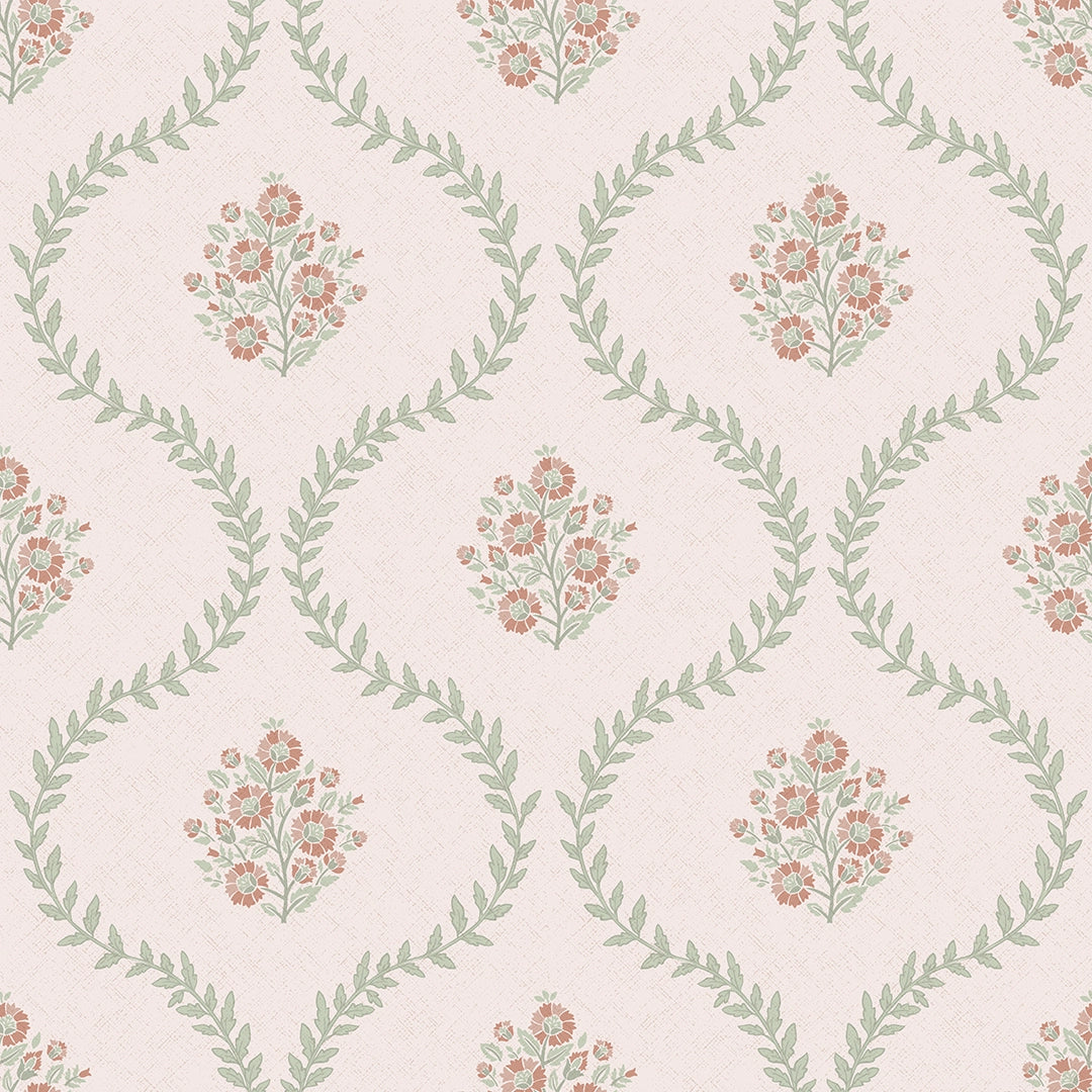 Posy Trellis Wallpaper in Vintage Pink and Sage