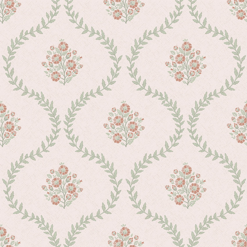 Posy Trellis Wallpaper in Vintage Pink and Sage