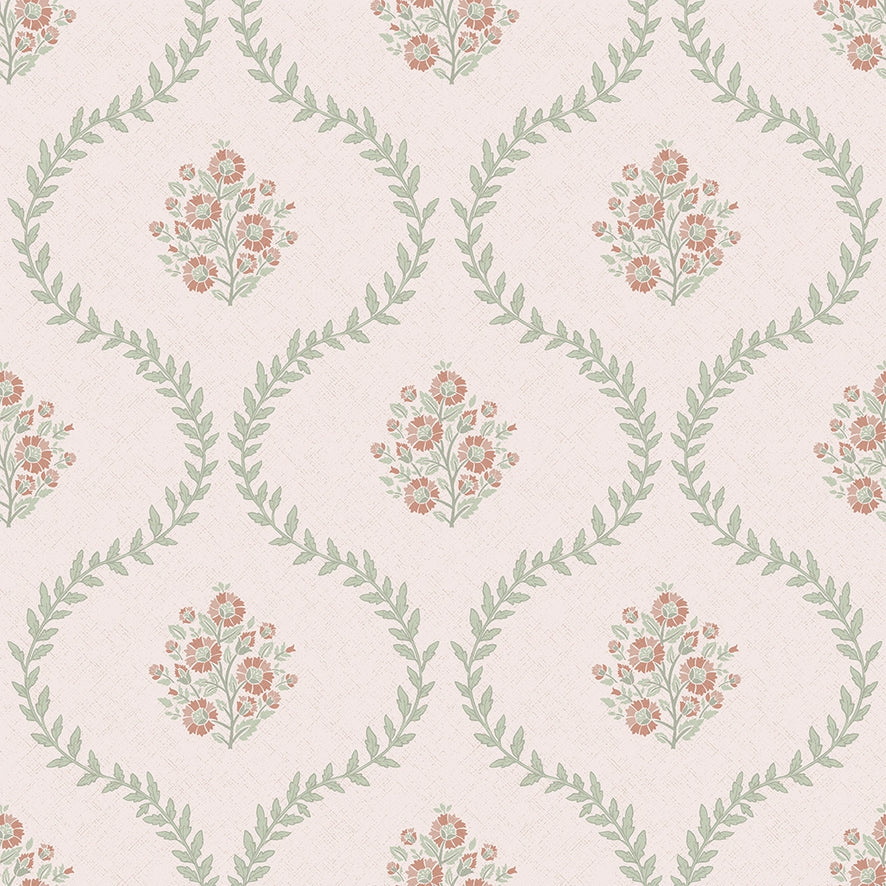 Posy Trellis Wallpaper in Vintage Pink and Sage