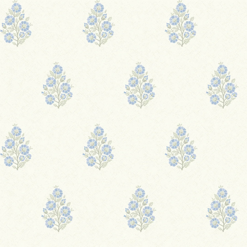 Posy Wallpaper in Blue and Sage on Cream