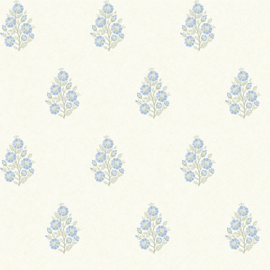 Posy Wallpaper in Blue and Sage on Cream