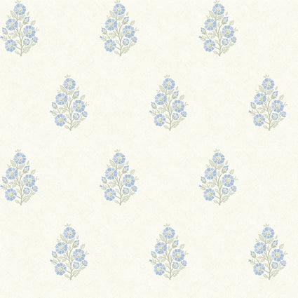 Posy Wallpaper in Blue and Sage on Cream