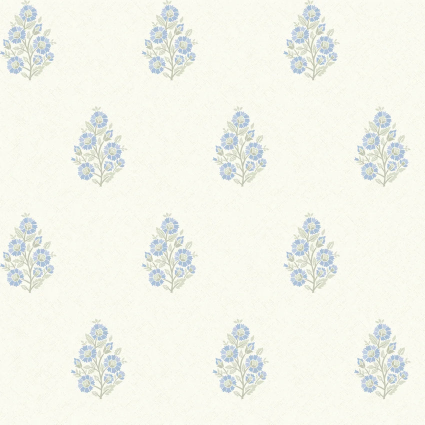 Posy Wallpaper in Blue and Sage on Cream