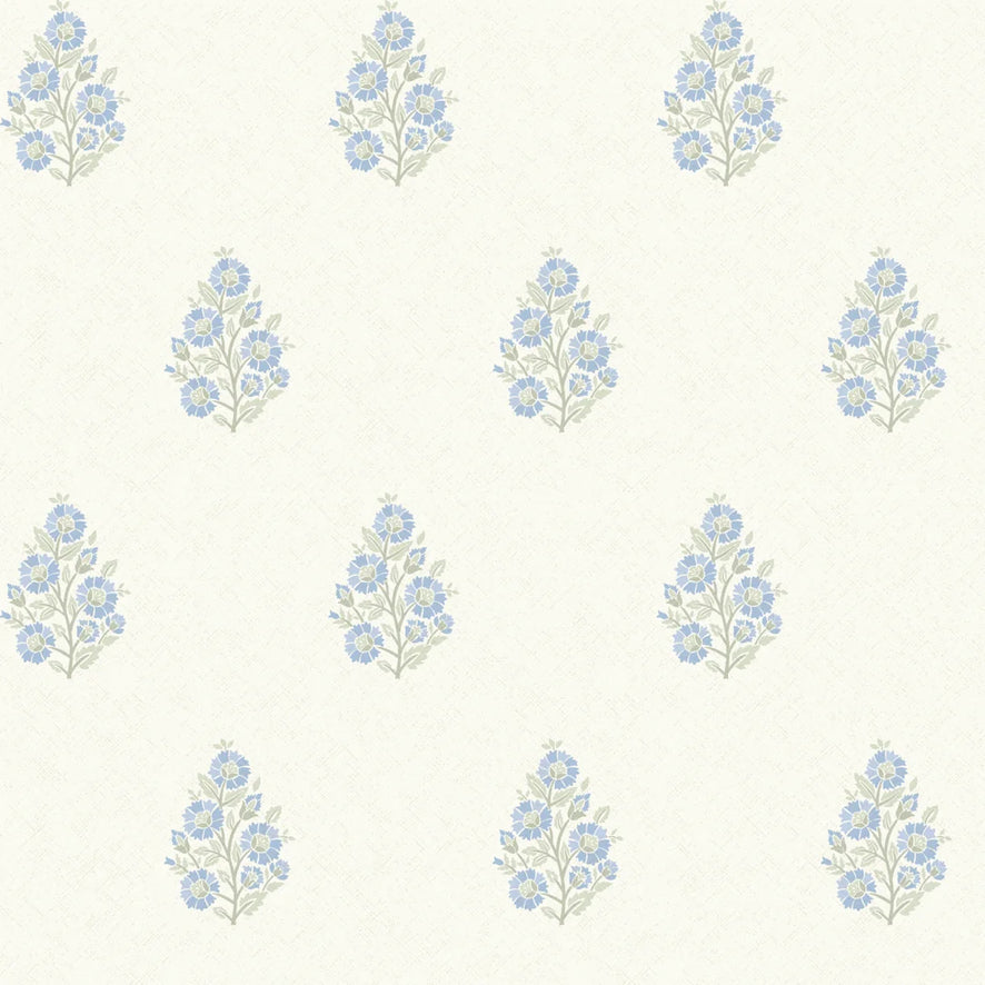 Posy Wallpaper in Blue and Sage on Cream