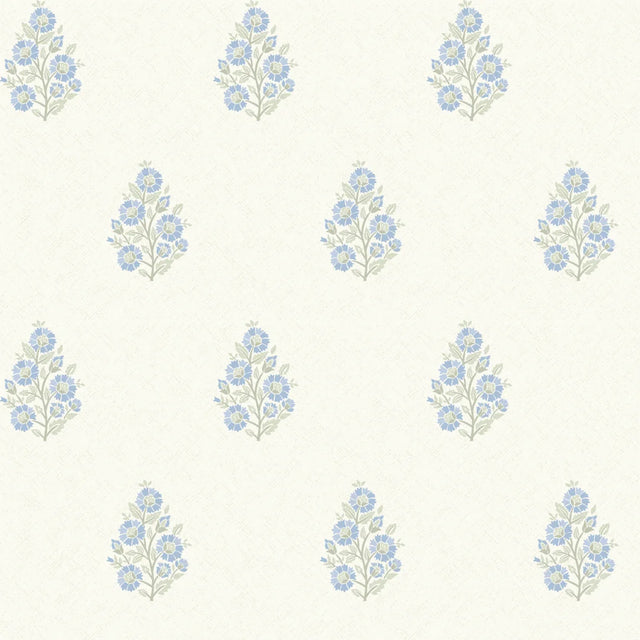 Posy Wallpaper in Blue and Sage on Cream