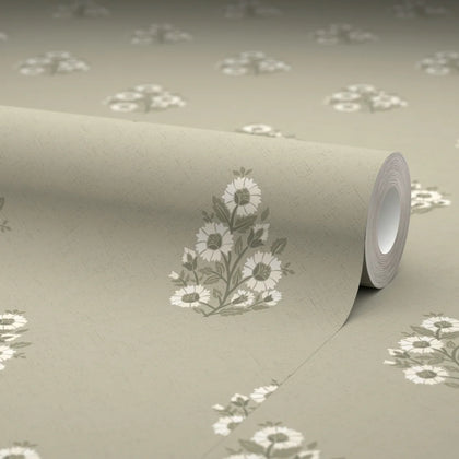 Posy Wallpaper in Cream on Organic Green