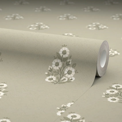 Posy Wallpaper in Cream on Organic Green