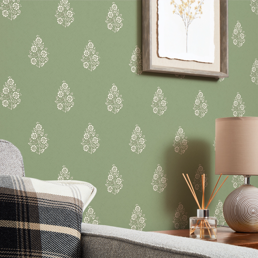 Posy Wallpaper in Cream on Pistachio