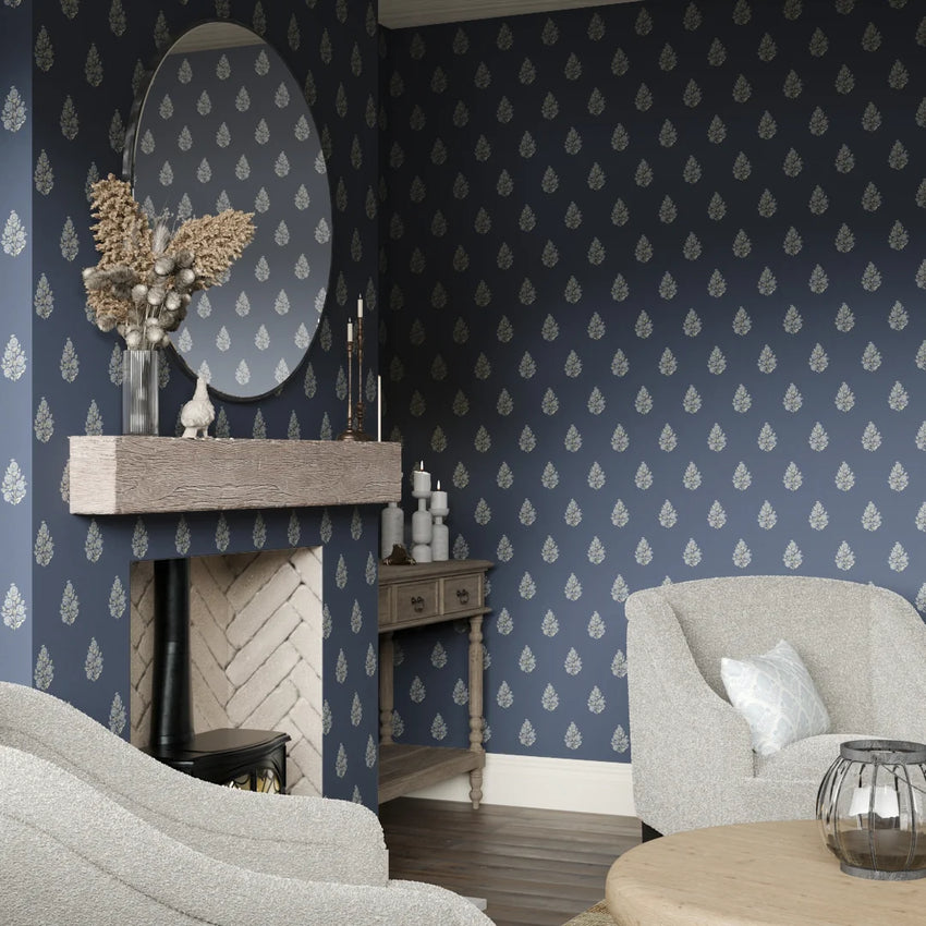 Posy Wallpaper in Cream on Navy