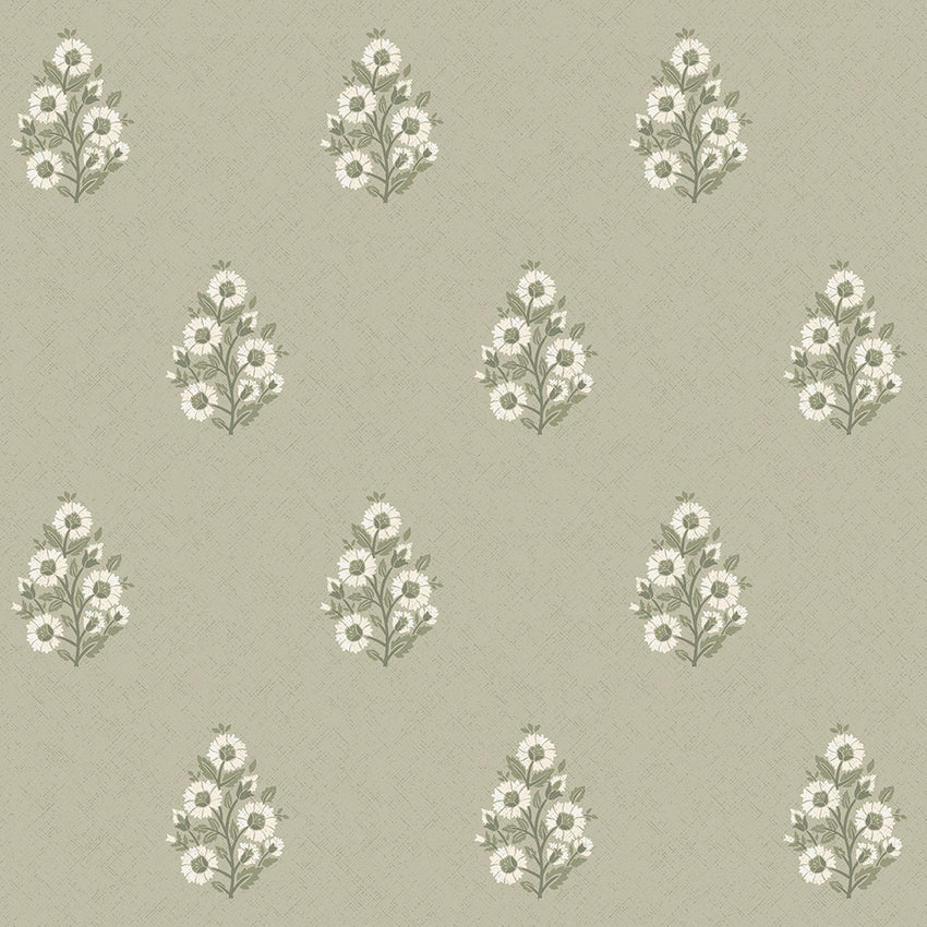 Posy Wallpaper in Cream on Organic Green