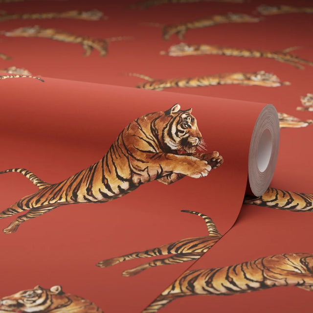 Pouncing Tigers Wallpaper in Red