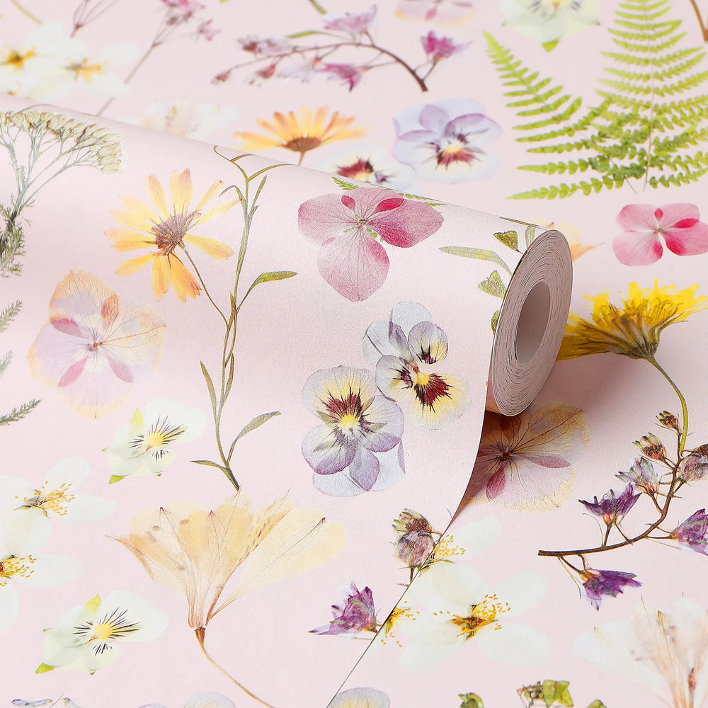 Pressed Petals Wallpaper in Pastels on Pink