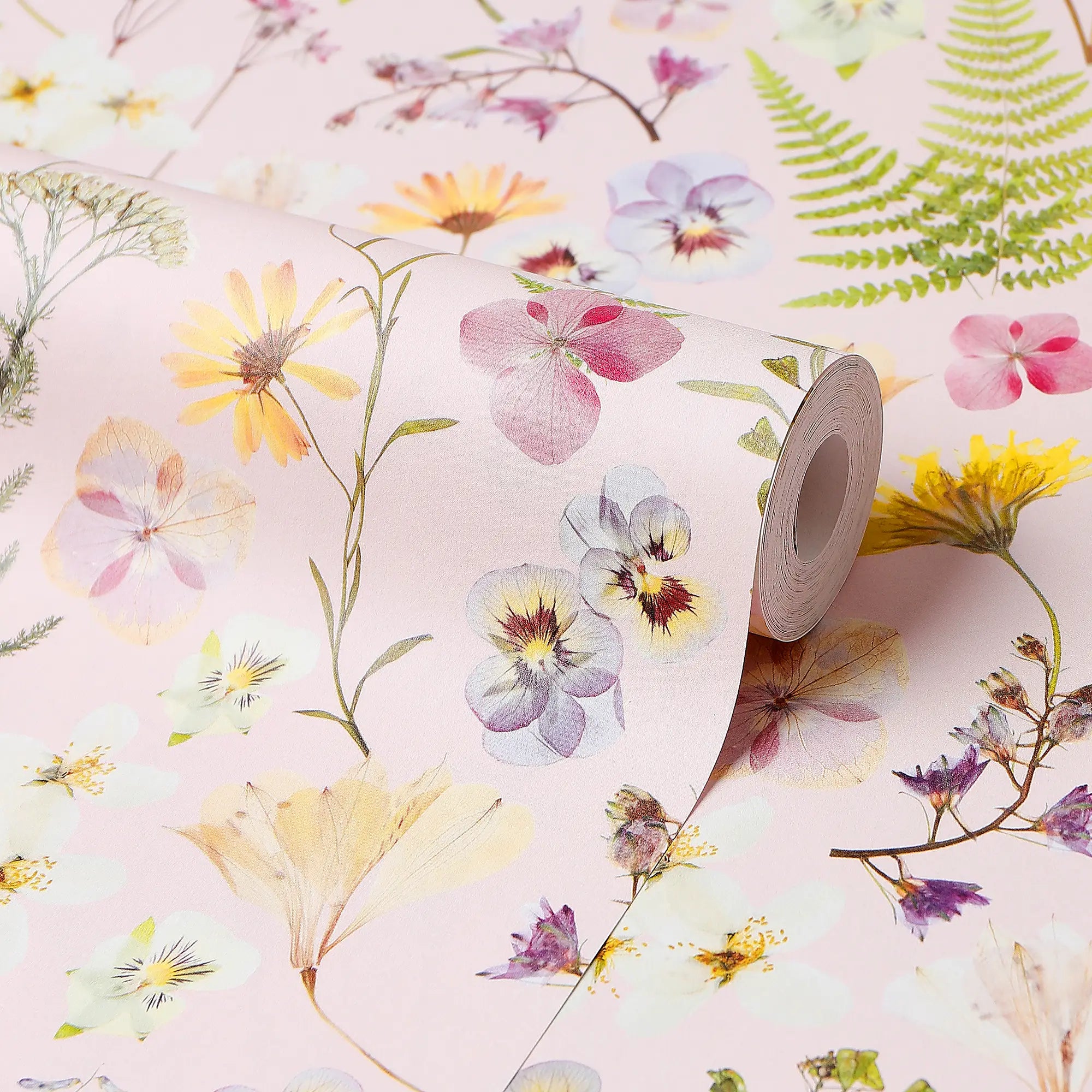 Pressed Petals Wallpaper in Pastels on Pink
