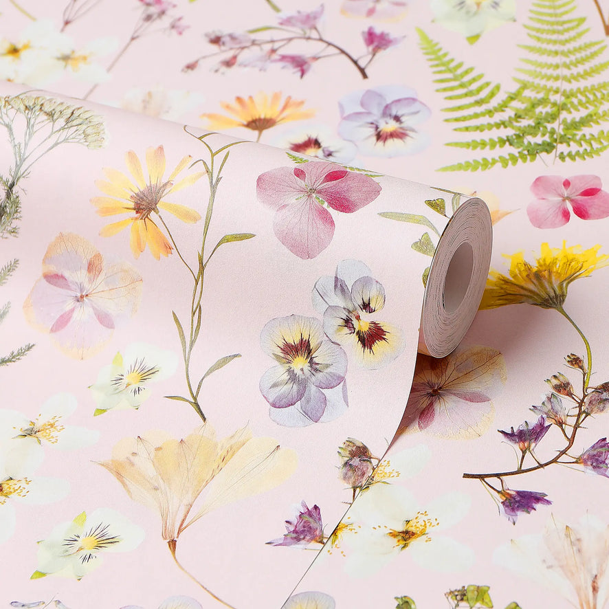 Pressed Petals Wallpaper in Pastels on Pink