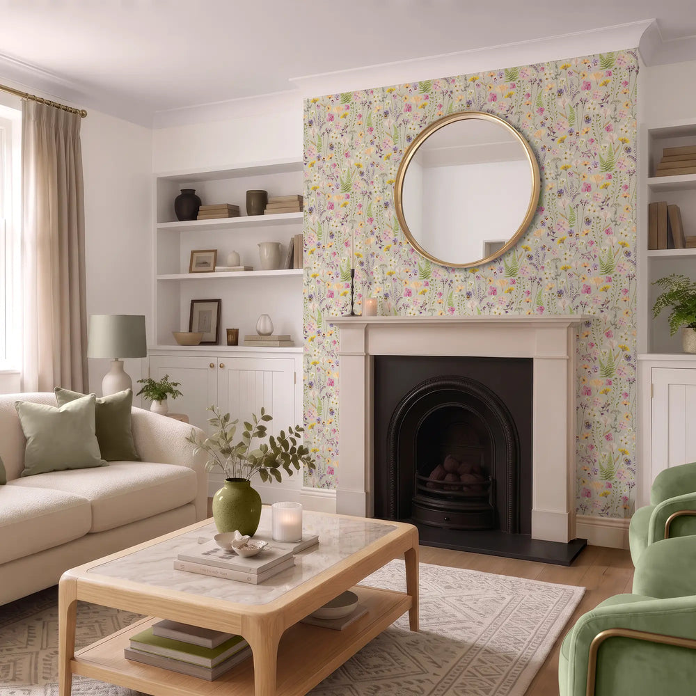 Pressed Petals Wallpaper in Pastels on Sage Green
