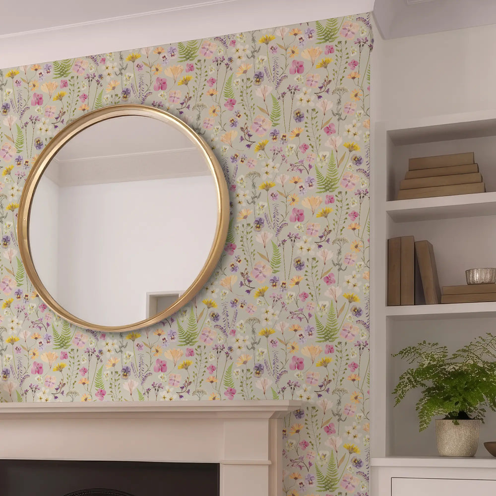 Pressed Petals Wallpaper in Pastels on Sage Green