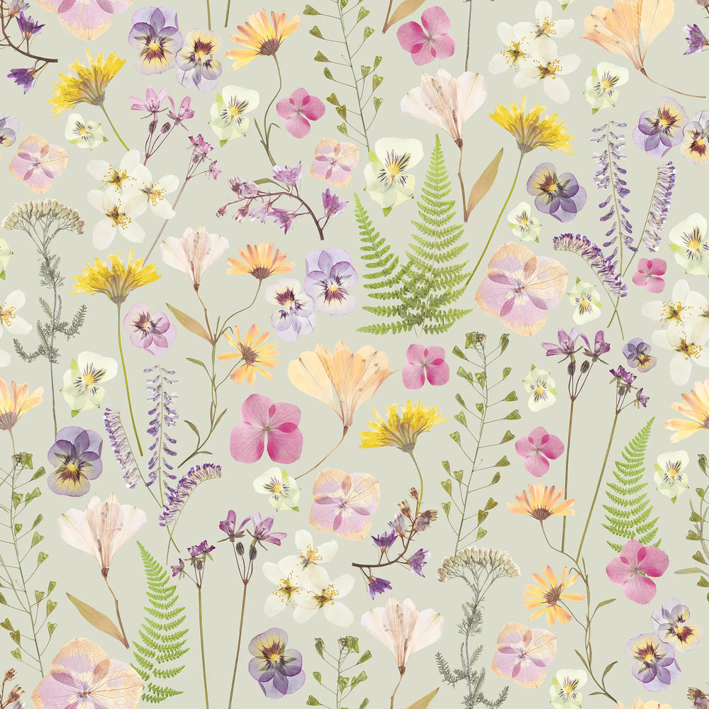 Pressed Petals Wallpaper in Pastels on Sage Green