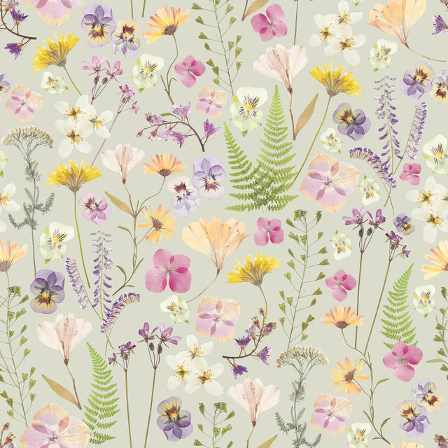 Pressed Petals Wallpaper in Pastels on Sage Green