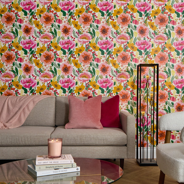 Pretty Peony Wallpaper in Pinks and Orange