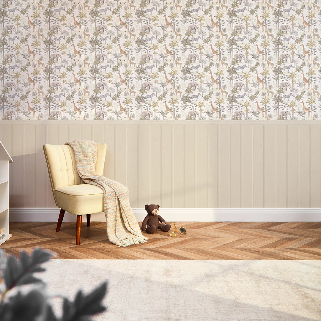 Sample of Vintage Explorer Panel Wallpaper in Earthy Tones with Cream Panel