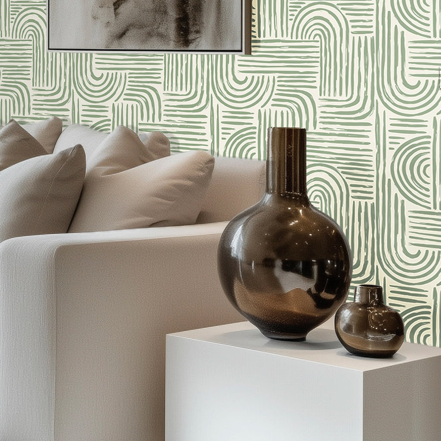 Raffia Curves Wallpaper in Pistachio on Cream