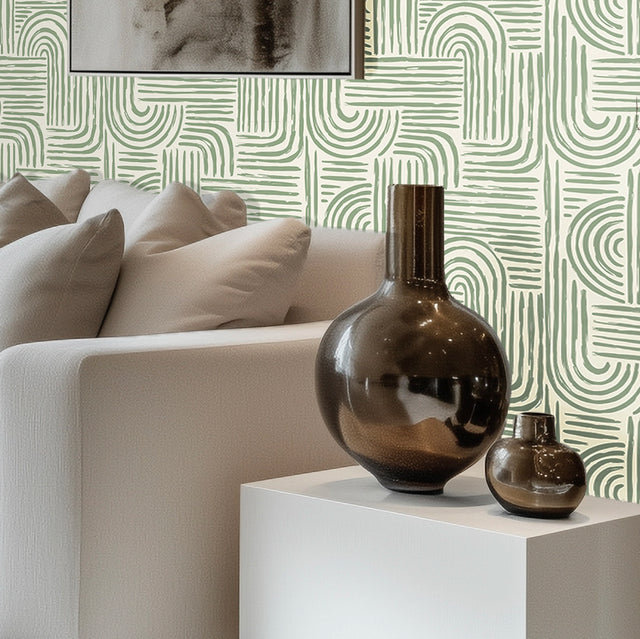 Raffia Curves Wallpaper in Pistachio on Cream
