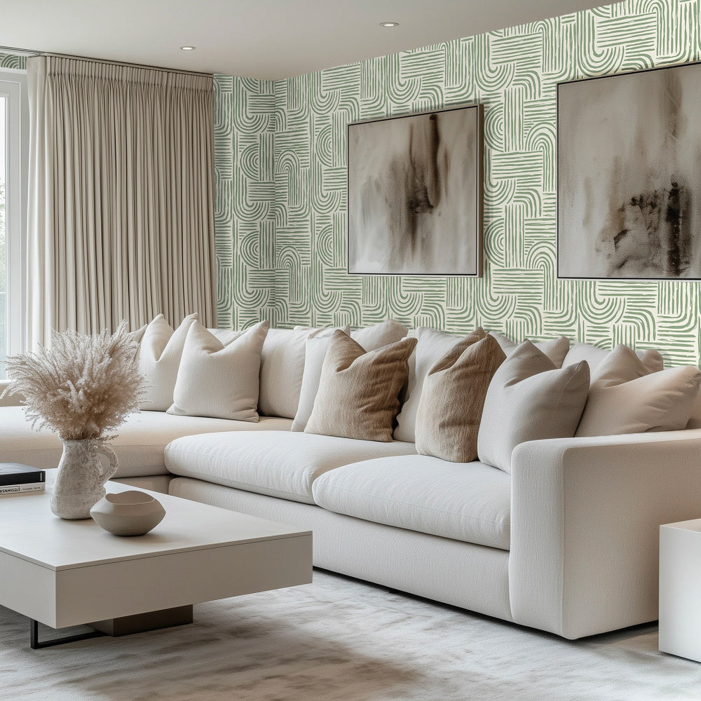 Raffia Curves Wallpaper in Pistachio on Cream