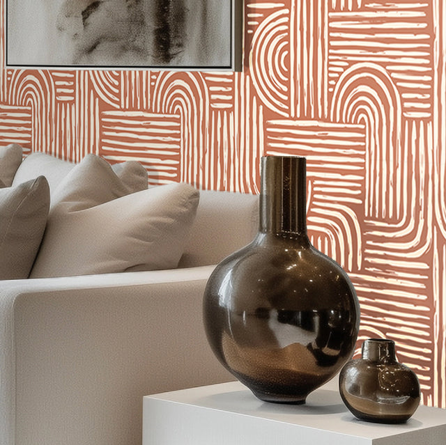 Raffia Curves Wallpaper in Cream on Terracotta