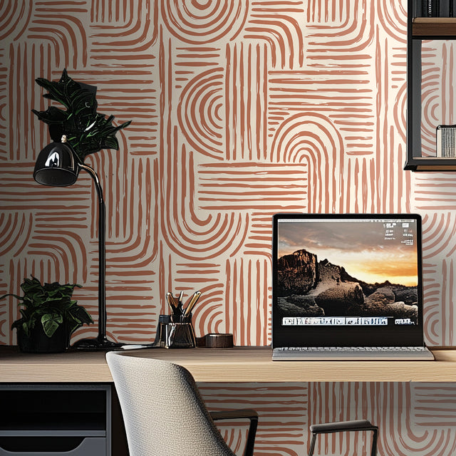 Raffia Curves Wallpaper in Terracotta on Cream