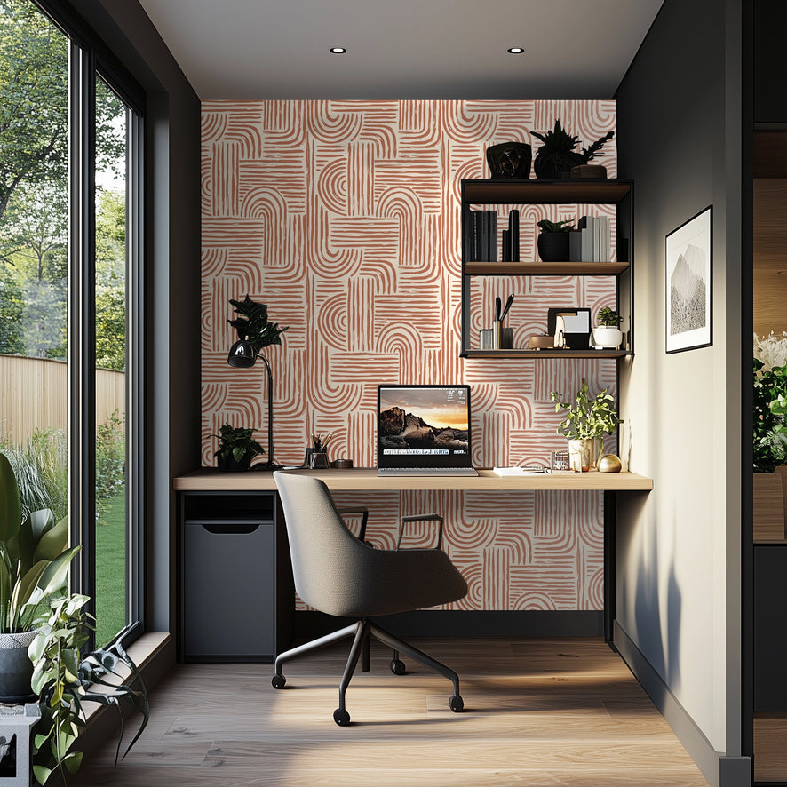 Raffia Curves Wallpaper in Terracotta on Cream