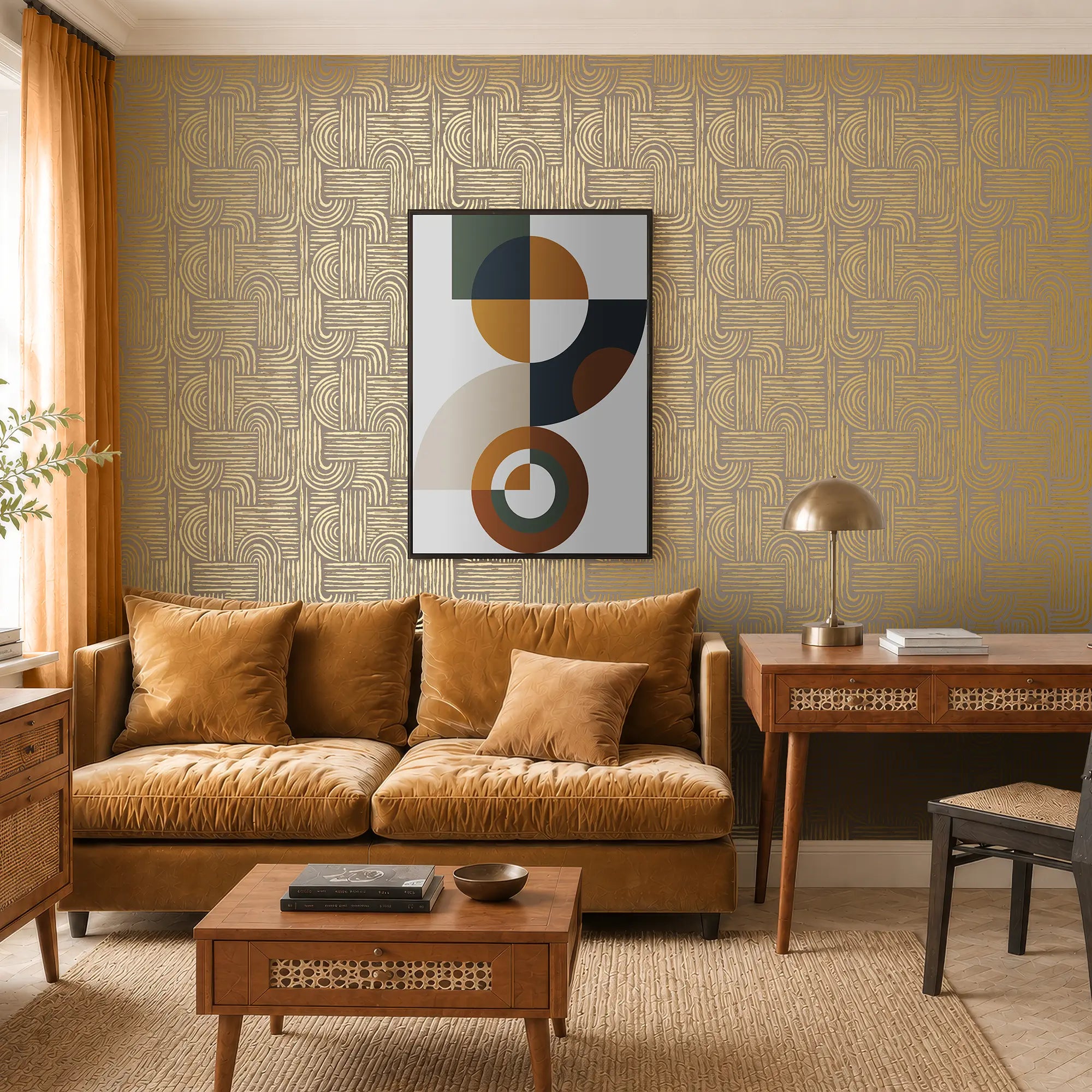 Raffia Curve Wallpaper in Almond with Gold Foil