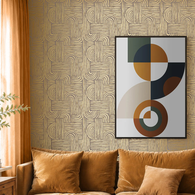 Raffia Curve Wallpaper in Almond with Gold Foil